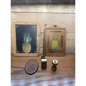 Vintage MCM Wooden Wall Plaques Pineapple Lot Wall Kitchen Decor Stamps